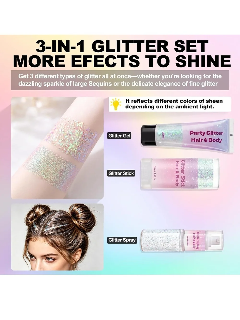 3-in-1 Body Face Hair Glitter Set, Sparkling White Iridescent Glitter Gel